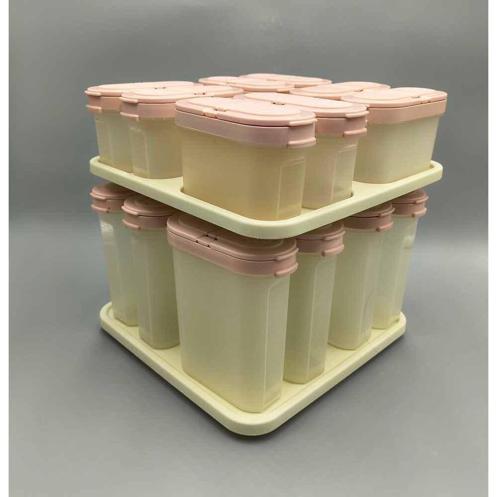 Vintage Tupperware Spice Rack Carousel #2164 + 16 Shakers #1843, 1846 Pink Seals